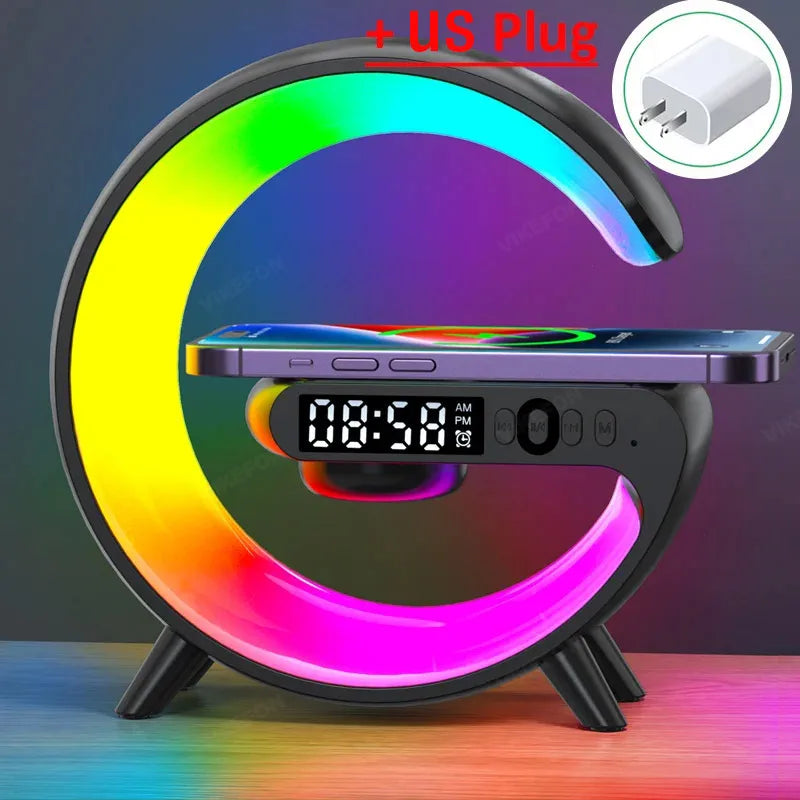 Multifunction Wireless Charger Stand Pad – RGB Light Alarm Clock Speaker,