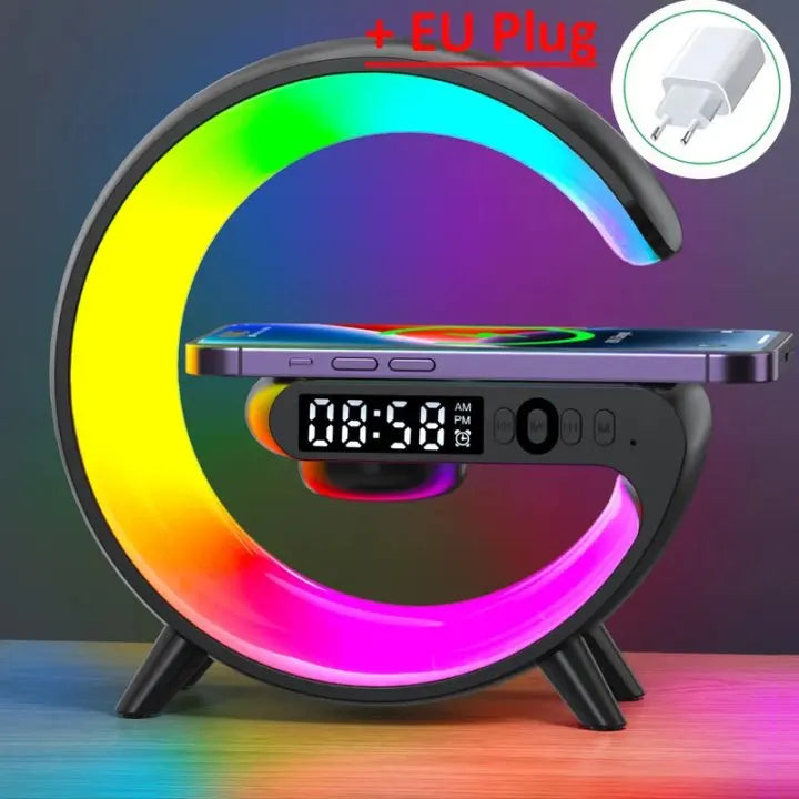 Multifunction Wireless Charger Stand Pad – RGB Light Alarm Clock Speaker,
