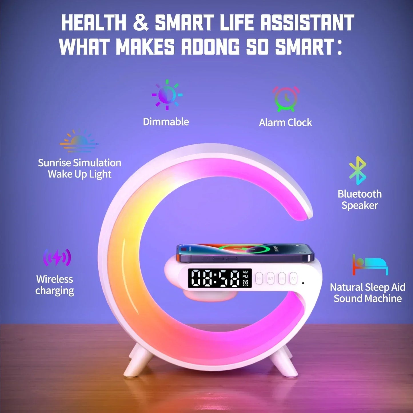 Multifunction Wireless Charger Stand Pad – RGB Light Alarm Clock Speaker,
