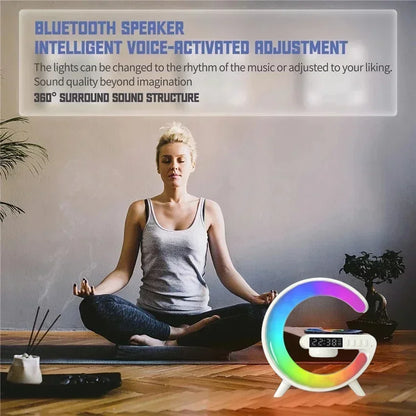 Multifunction Wireless Charger Stand Pad – RGB Light Alarm Clock Speaker,
