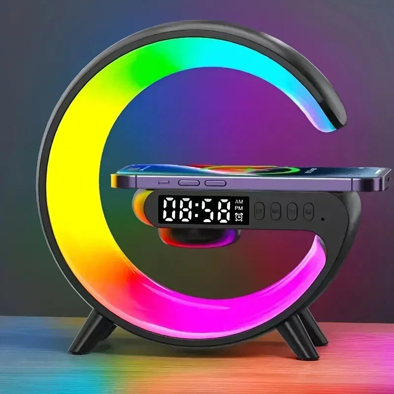 Multifunction Wireless Charger Stand Pad – RGB Light Alarm Clock Speaker,