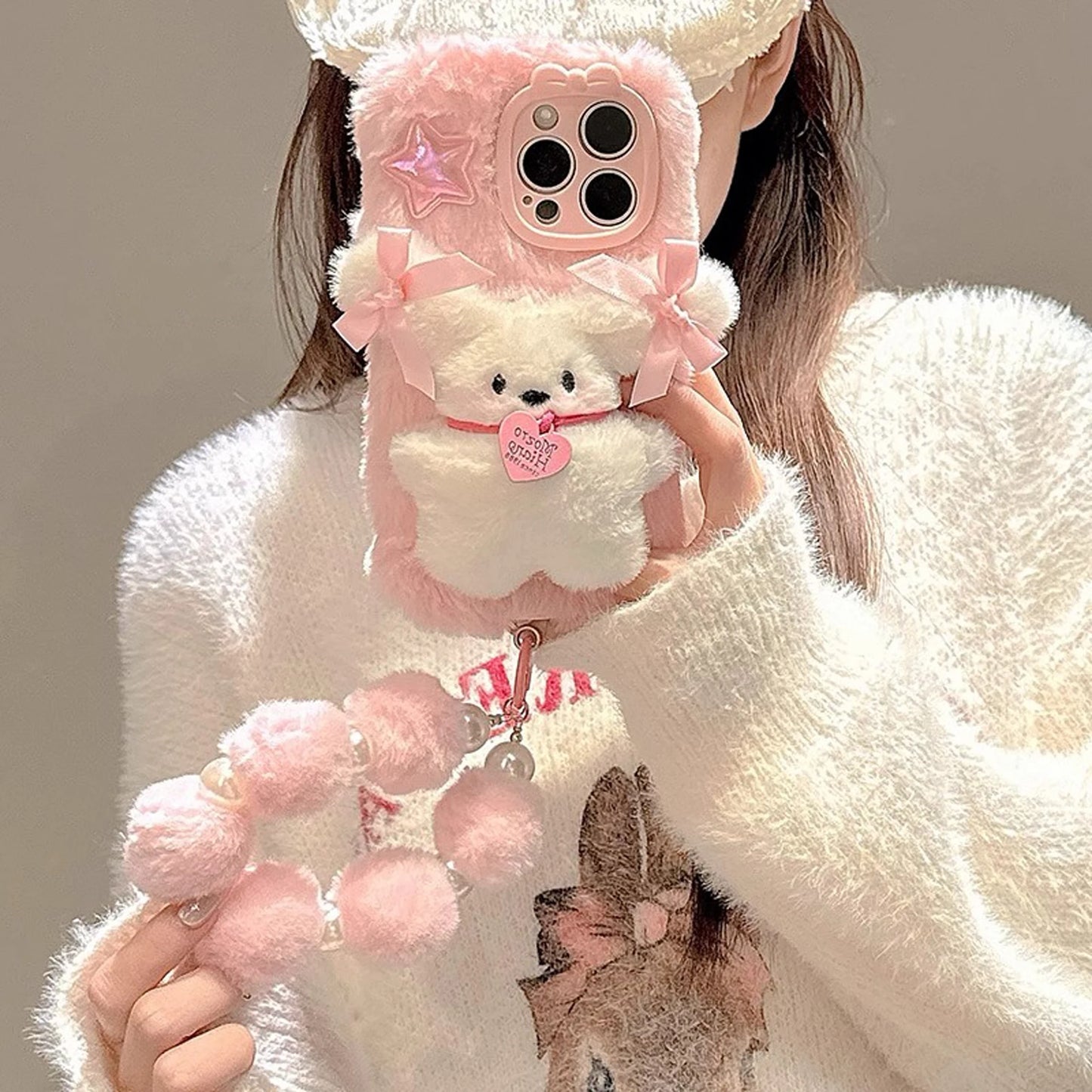 Pink Plush 3D Doll Case with Chain
