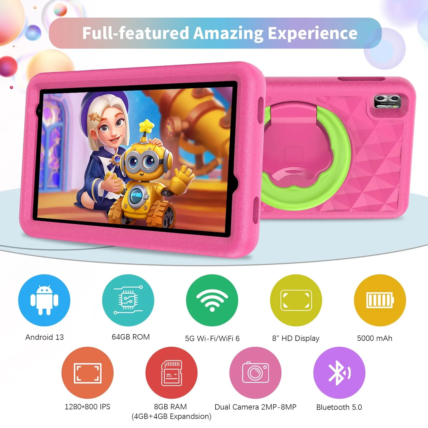 VASOUN 8 Inch Kids Tablet – Android 13, 4GB+4GB Expandable RAM