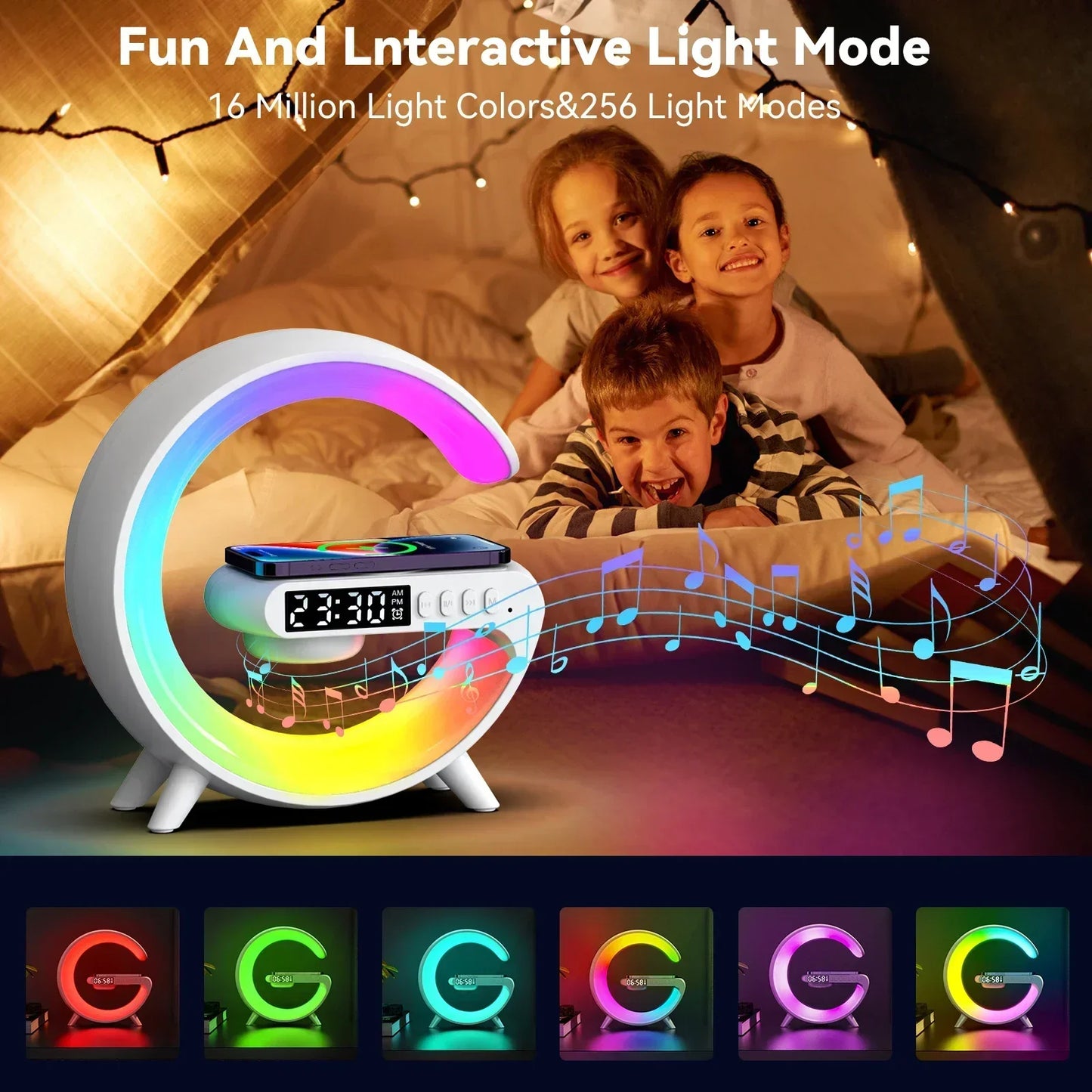 Multifunction Wireless Charger Stand Pad – RGB Light Alarm Clock Speaker,