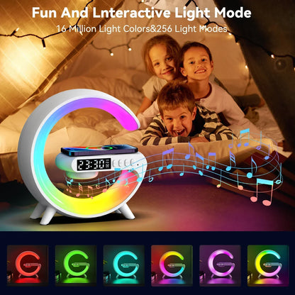 Multifunction Wireless Charger Stand Pad – RGB Light Alarm Clock Speaker,