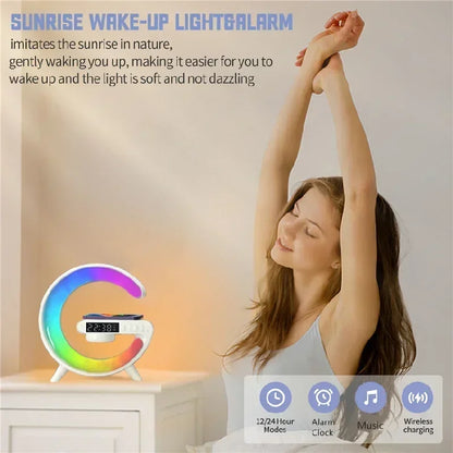 Multifunction Wireless Charger Stand Pad – RGB Light Alarm Clock Speaker,