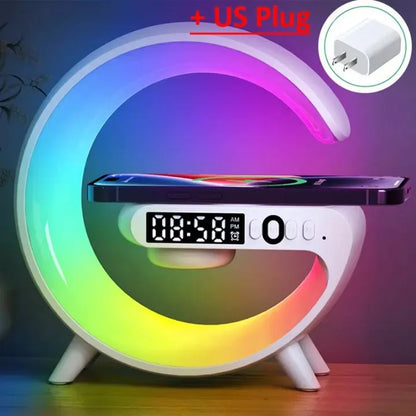 Multifunction Wireless Charger Stand Pad – RGB Light Alarm Clock Speaker,